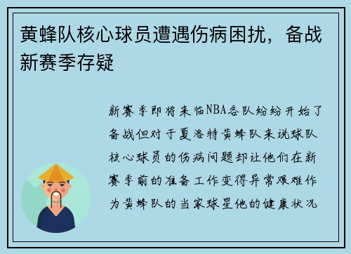 黄蜂队核心球员遭遇伤病困扰，备战新赛季存疑