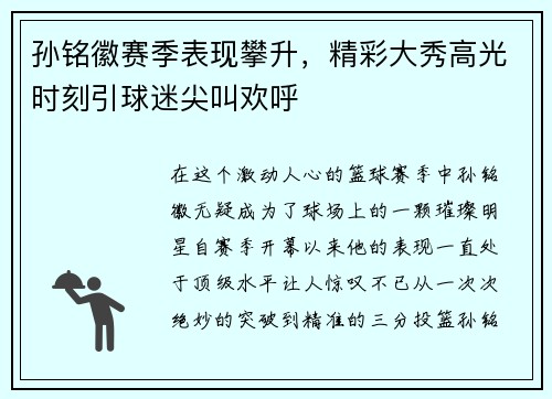 孙铭徽赛季表现攀升，精彩大秀高光时刻引球迷尖叫欢呼