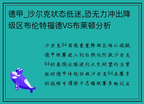 德甲_沙尔克状态低迷,恐无力冲出降级区布伦特福德VS布莱顿分析