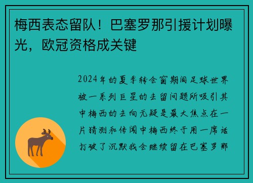 梅西表态留队！巴塞罗那引援计划曝光，欧冠资格成关键